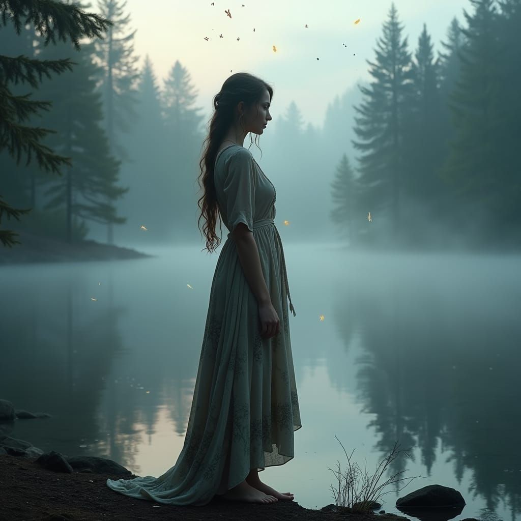 Mystic Norse Woman by Fog-Covered Lake