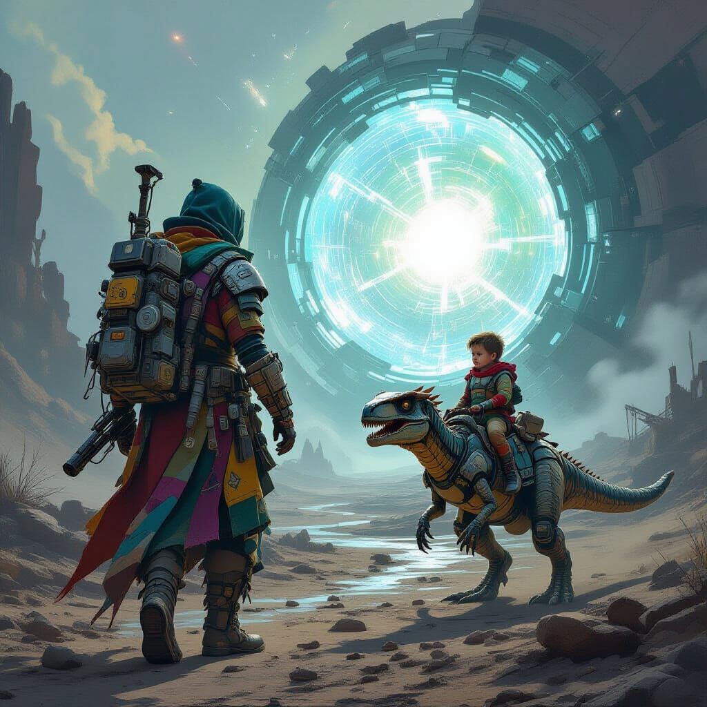 Futuristic Nomad and Velociraptor Near Temporal Anomaly