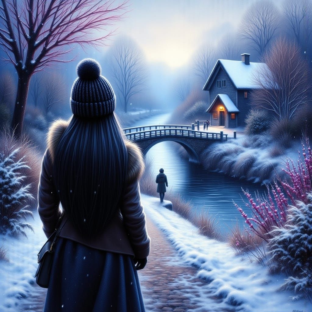 Woman in Winter Solitude on Snowy River Street