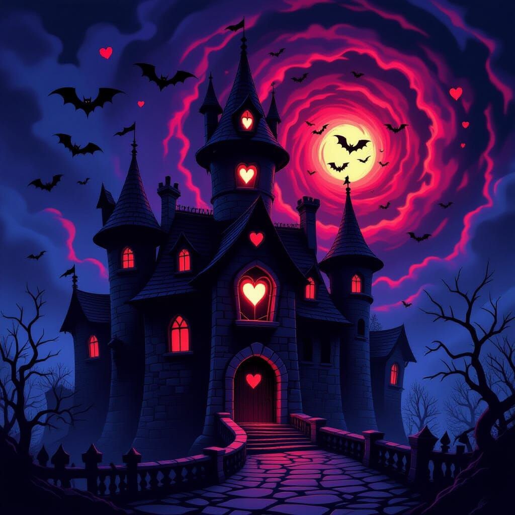 Spooky Haunted Castle at Twilight with Red Eyes and Heart Vo...