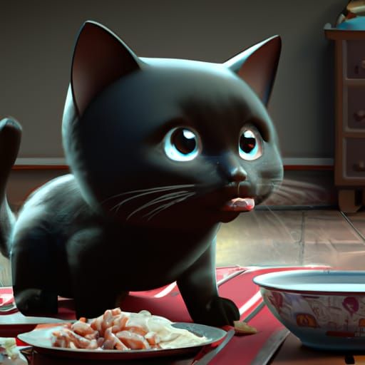 Adorable Black Cat Eating Tuna, Digital Illustration