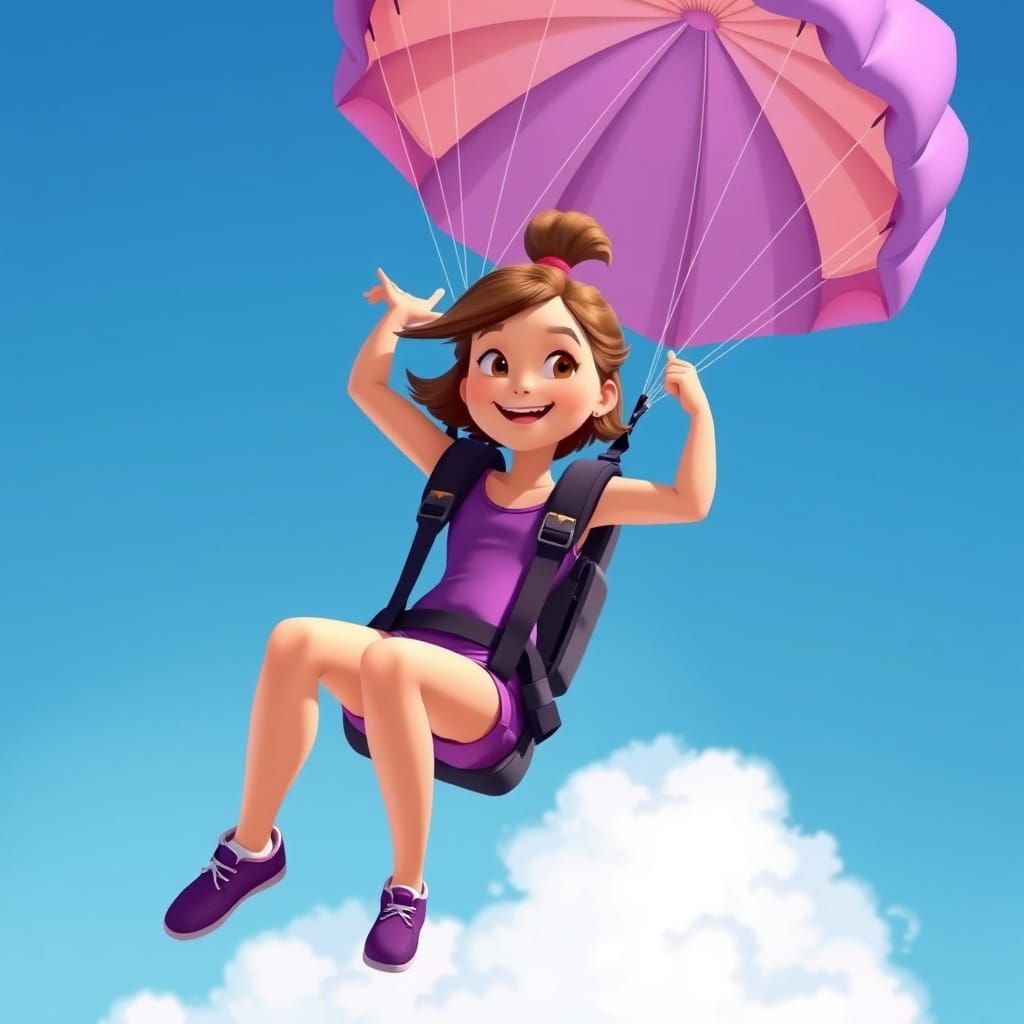 Girl Parachuting in Whimsical Disney Style