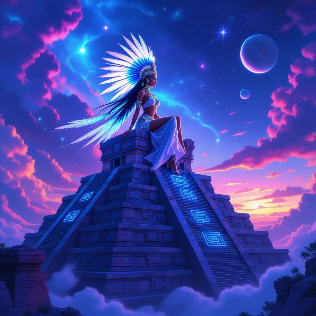 Celestial Woman on Futuristic Mayan Pyramid