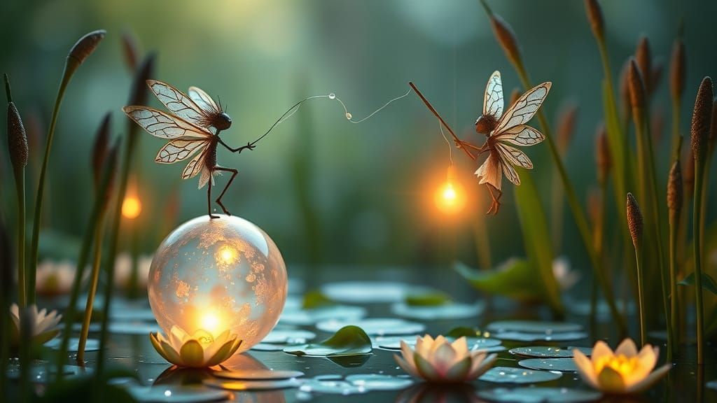 Whimsical Stick Pixies Amidst Enchanted Pond