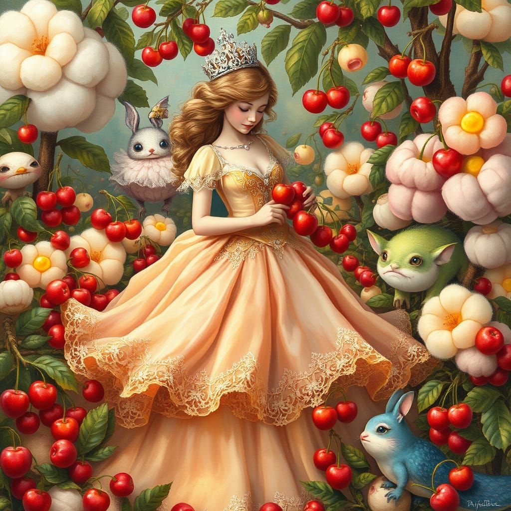 Whimsical Princess Amidst Fantastical Fluffy Creatures