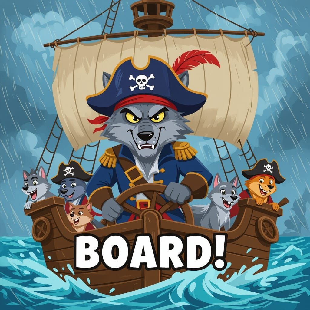 Cartoon Sea Wolf Pirate Commands His Crew