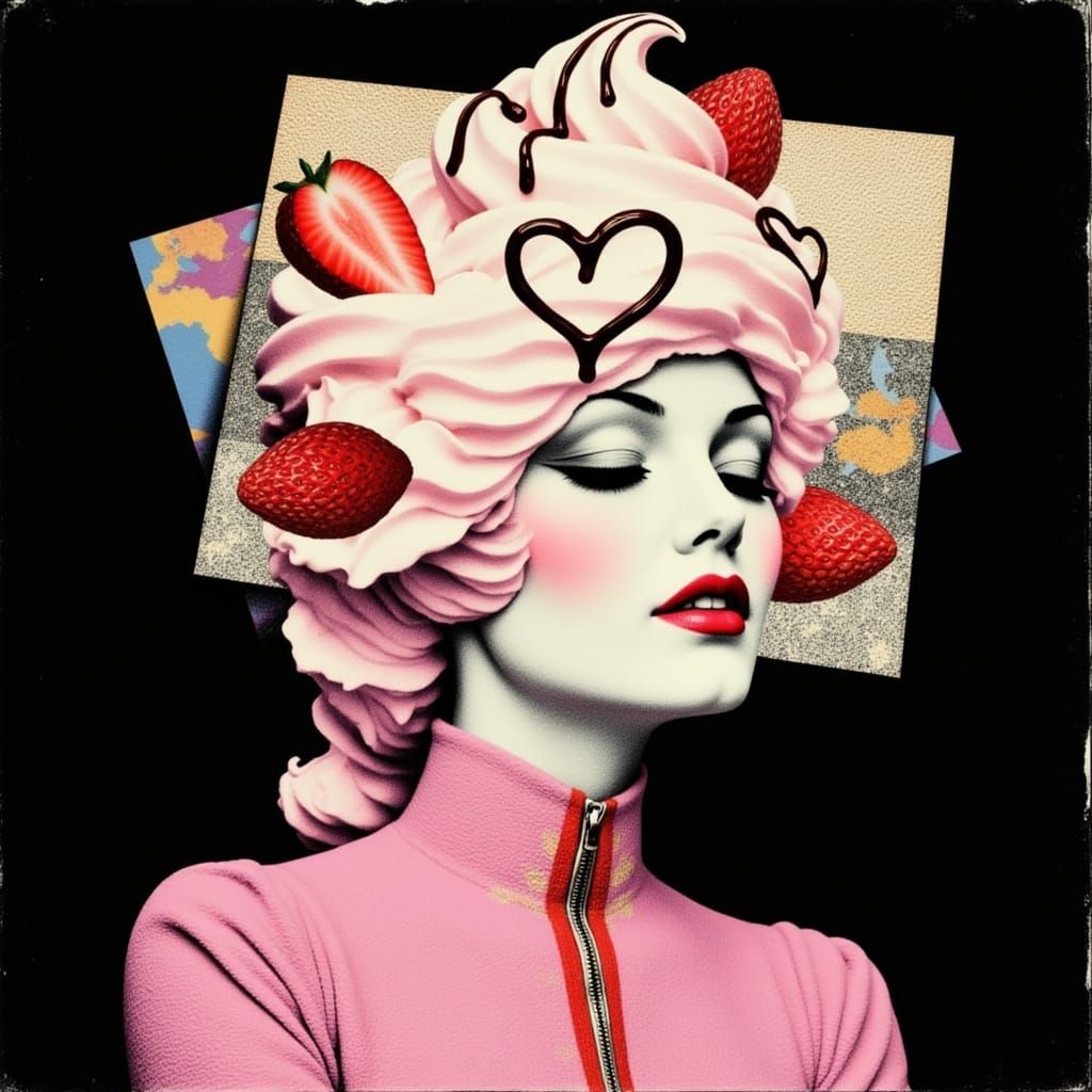 Surreal Woman with Ice Cream Hair in Collage Art Style
