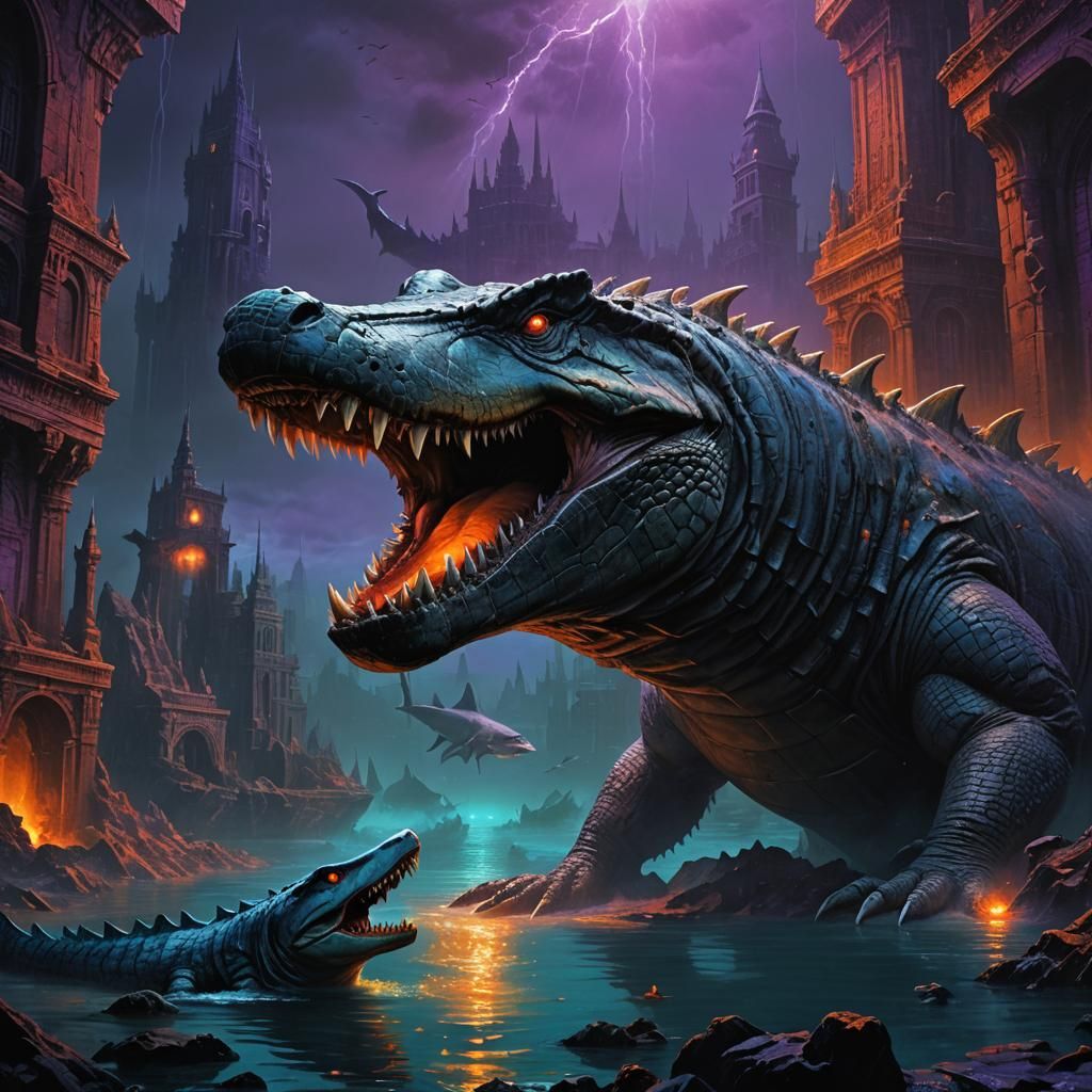 Crocodile and Shark Face-Off in Underwater City