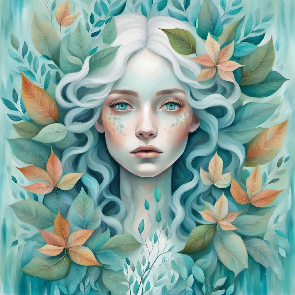 Center, Half Body,Gouache paint painting of a girl's face with white skin, turquoise blue eyes, flowery hair and body co...