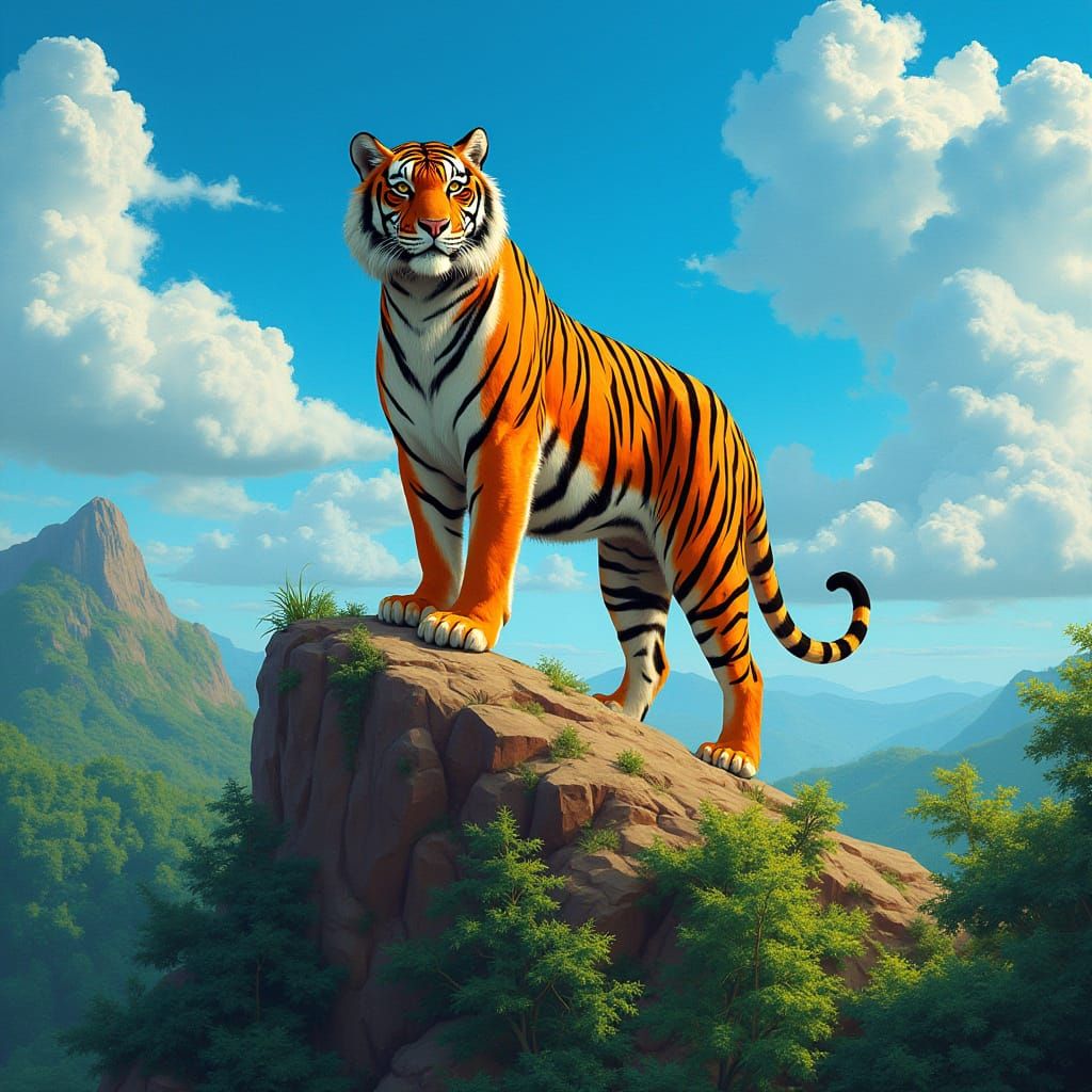 Tiger Standing Confidently on a Hill in a Lush Jungle Landsc...
