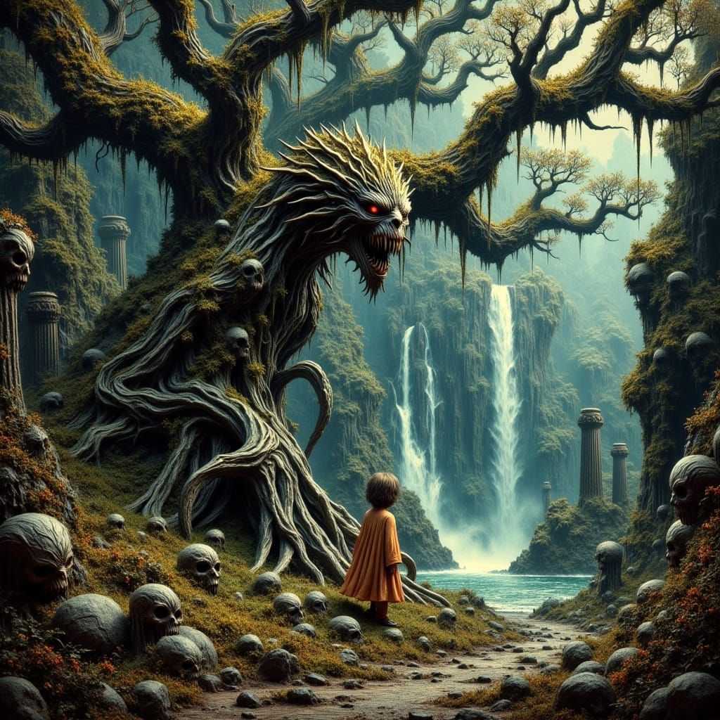 Tree Ent with Shrunken Heads in Bioluminescent Forest