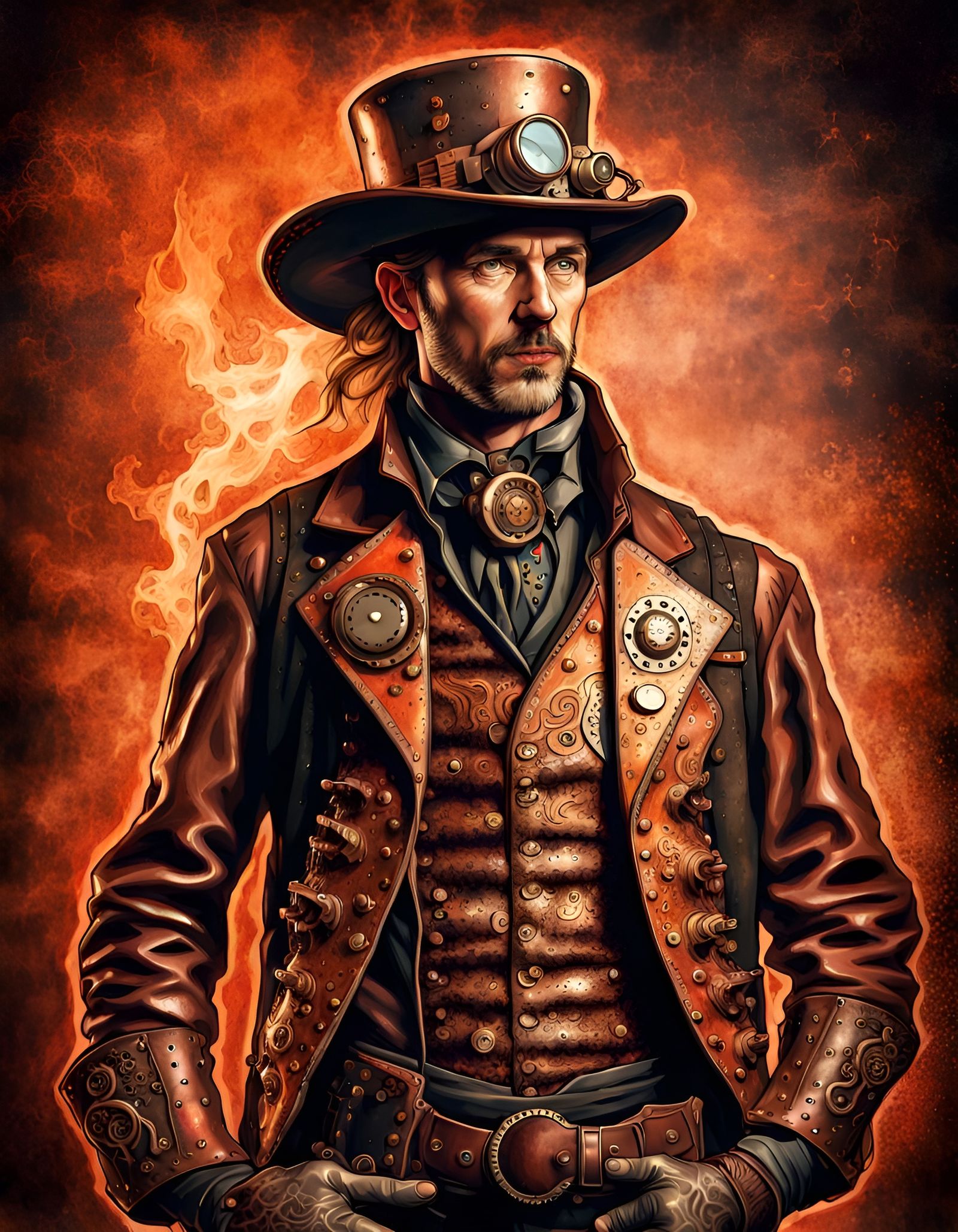 Steampunk Cowboy with Copper Armor in Retro Photo Style