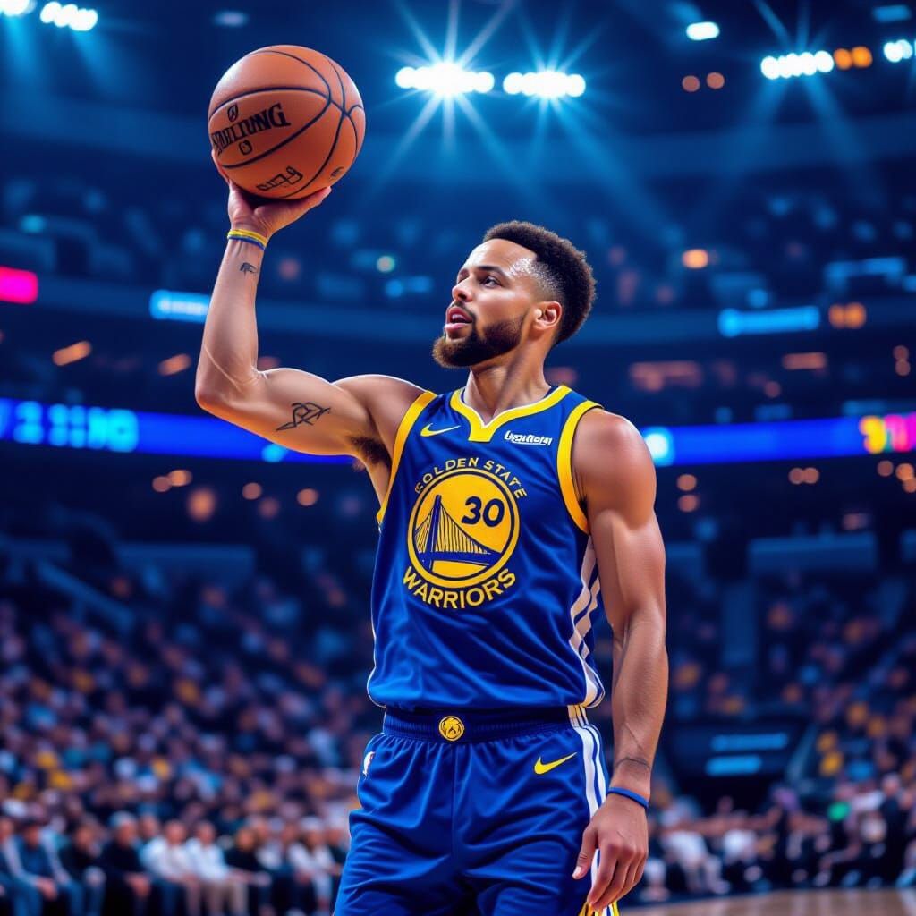Steph Curry Drains Three-Pointer in Neon-Lit Arena