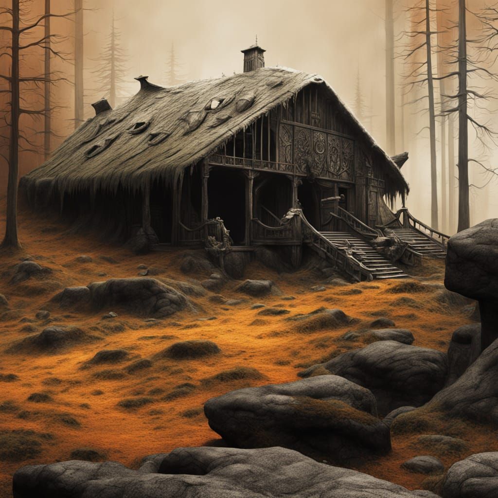 Surreal Stone Farmstand in Misty Forest