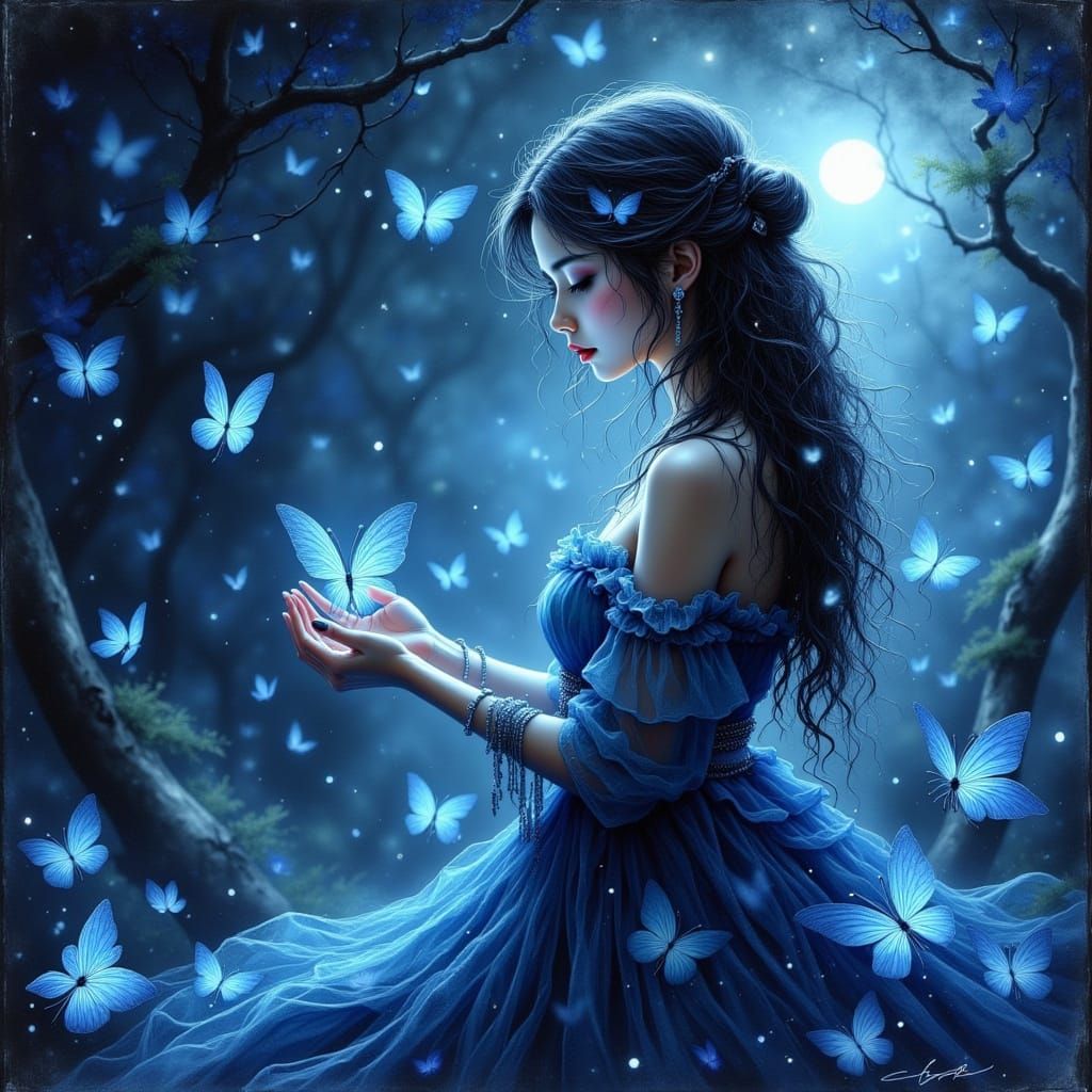 Woman Surrounded by Butterflies in Impressionistic Style