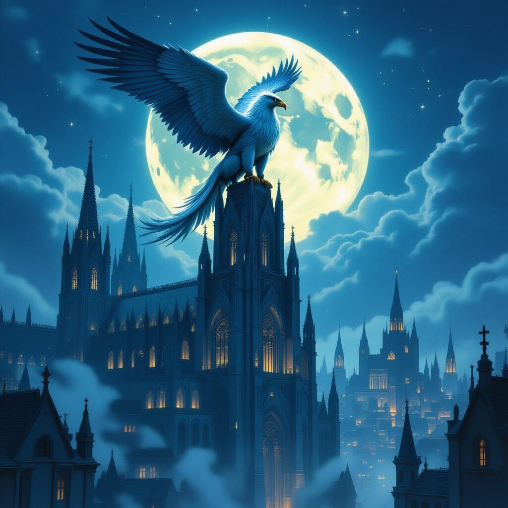 Griffin Overlooking Gothic Cityscape in Dreamlike Lighting