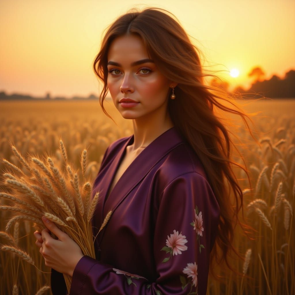 Woman in Wheat Field at Sunset: Dreamy Poetic Realism