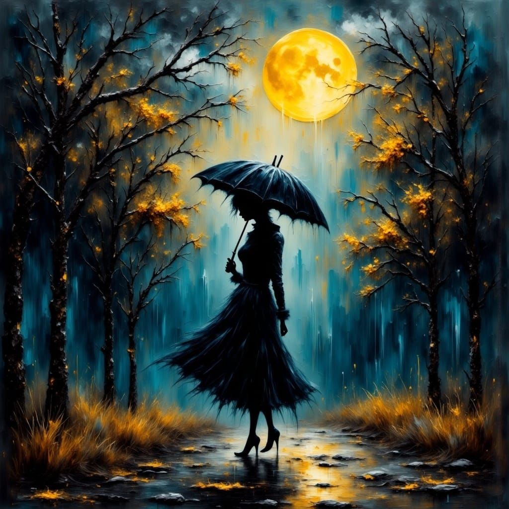 Mysterious Woman Under Moonlit Rainy Night