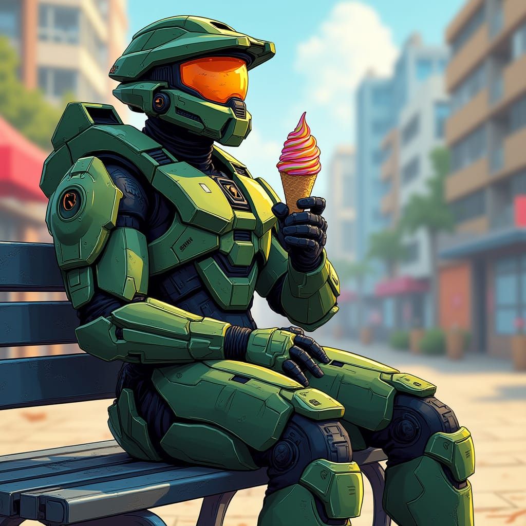 Master Chief Savoring a Sweet Treat in a Bustling City