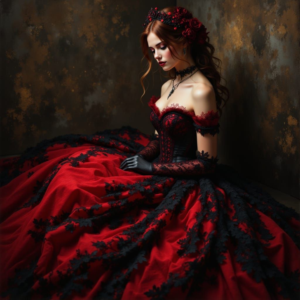 Gothic Red and Black Wedding Dress in Oil Painting Style