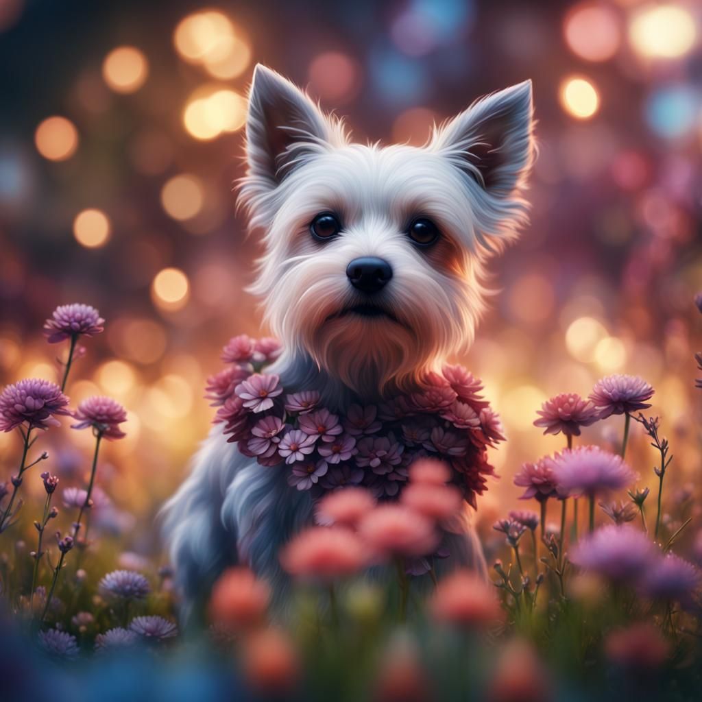 Dog in Floral Bokeh: Detailed Digital Art