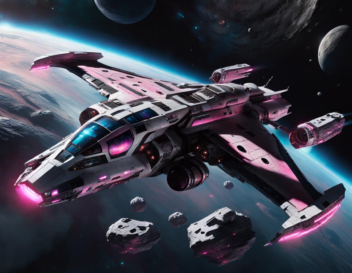 Epic Spacecraft Through Asteroid Belt, Lunarpunk Style