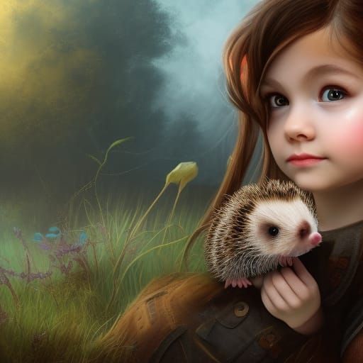 Girl with Hedgehog: Detailed Fantasy Art