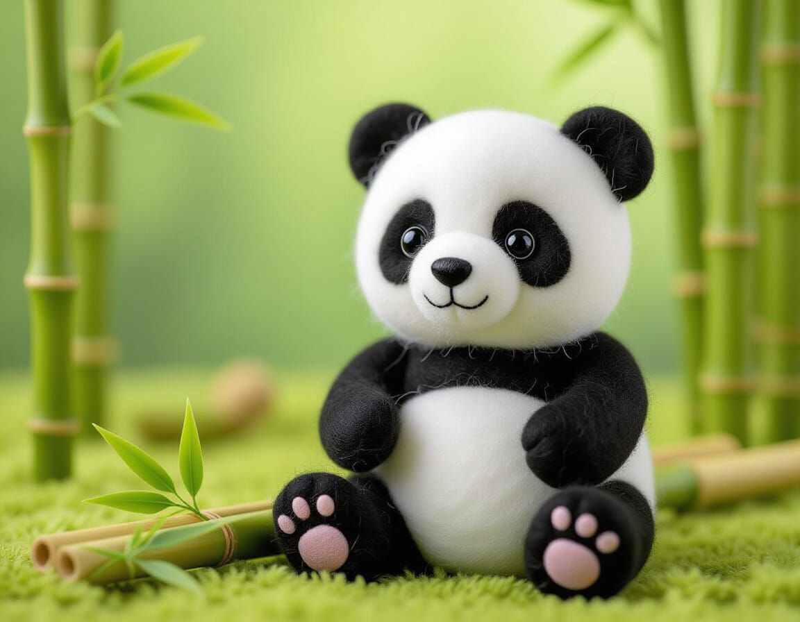 Adorable Felted Panda in Kawaii Bamboo Forest
