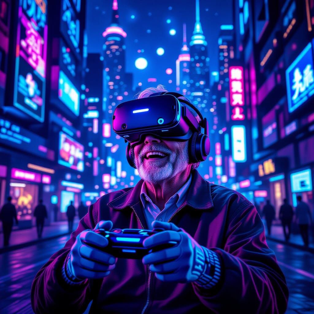 Elderly Gamer in Neon Cyberpunk VR World