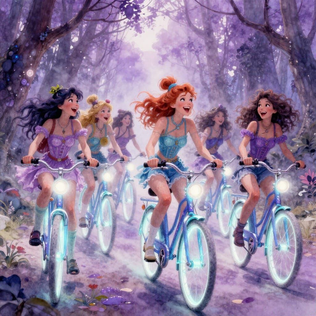 Tidal Punk Princesses on Luminescent Bicycles in Glowing For...