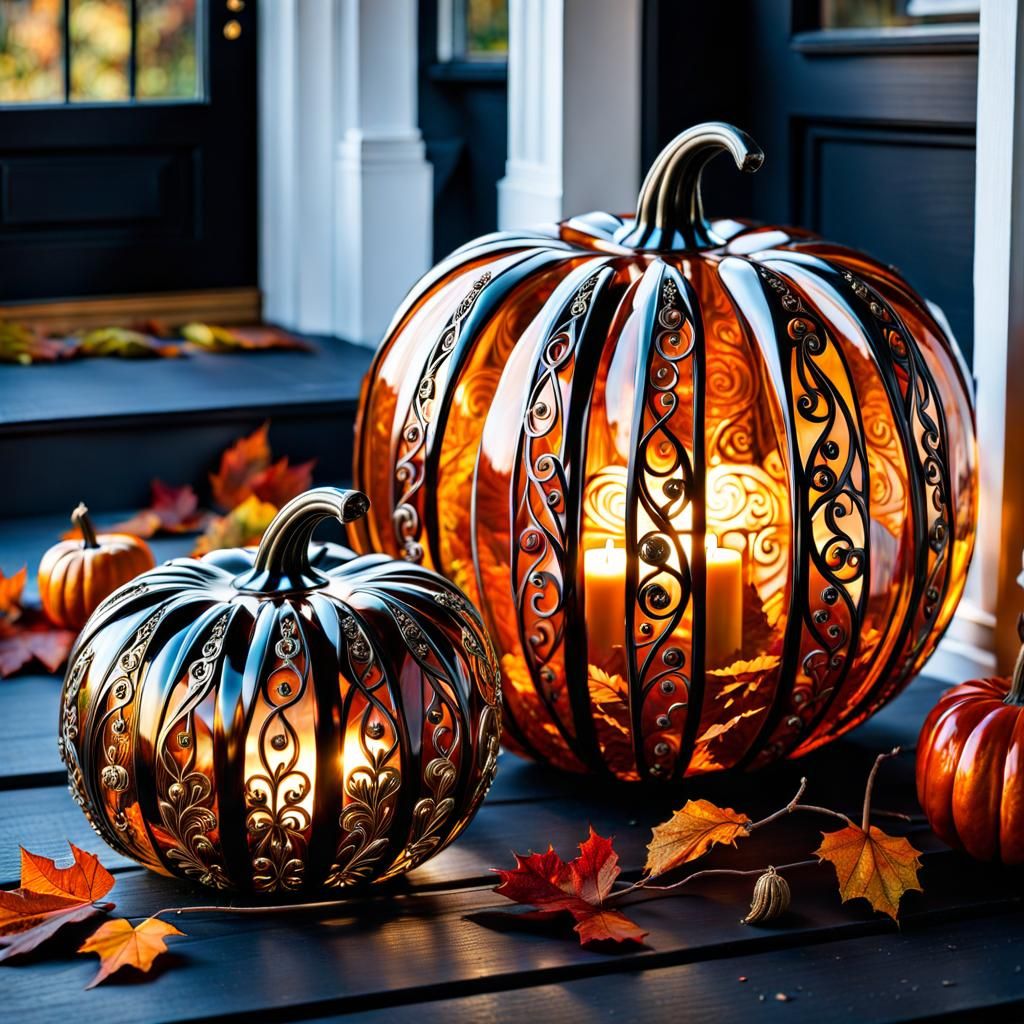 Ornate Glass Pumpkins on Autumn Porch, Digital Art