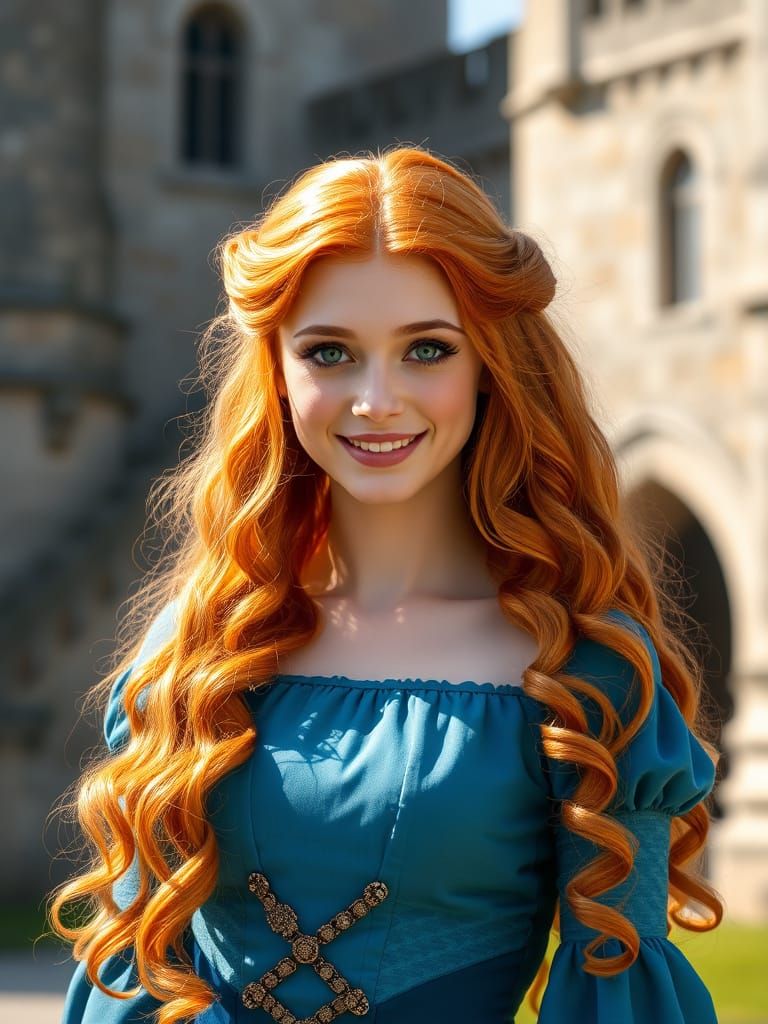 Medieval Princess in Blue Dress, Castle Background