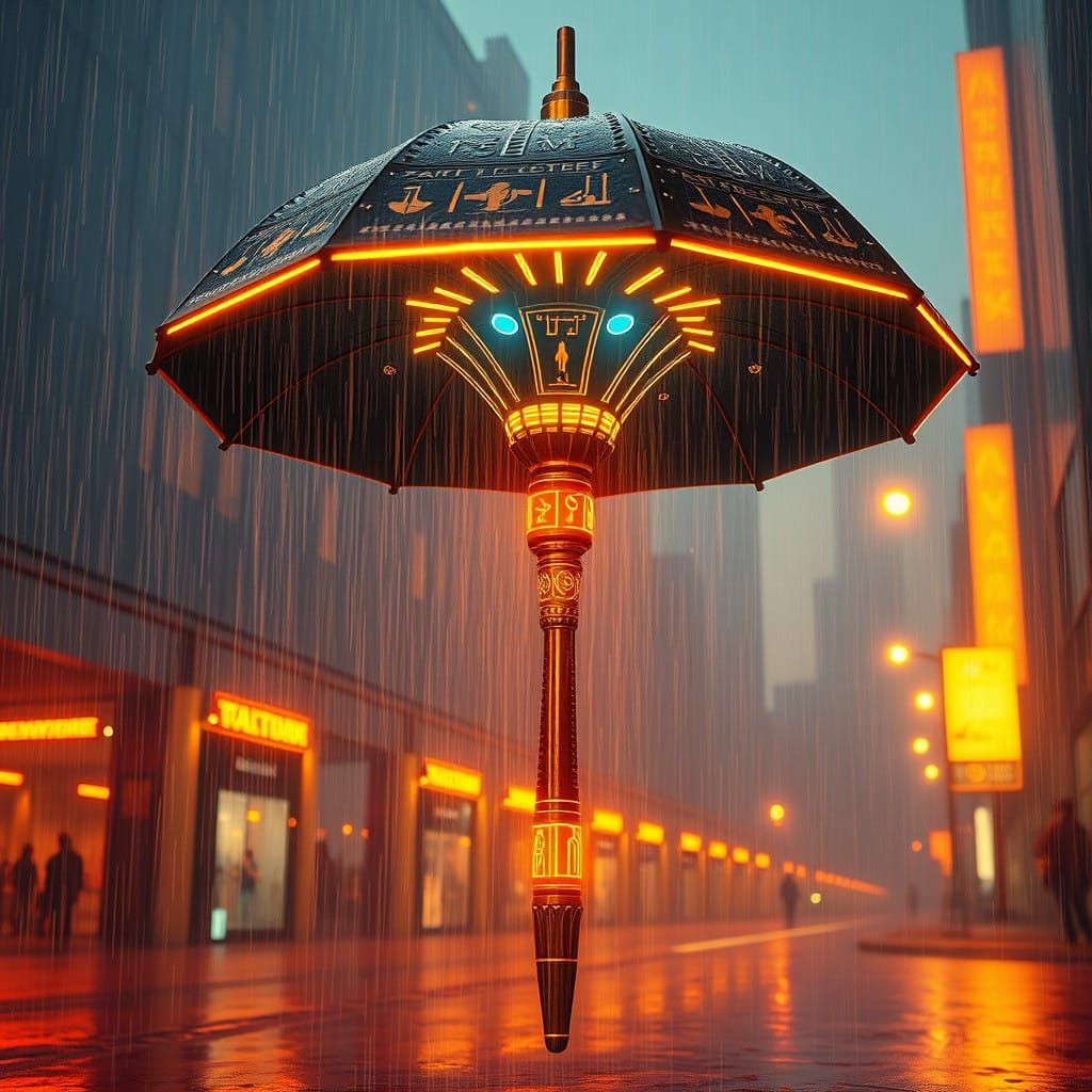 High-Tech Egyptian Umbrella in a Dystopian Downpour