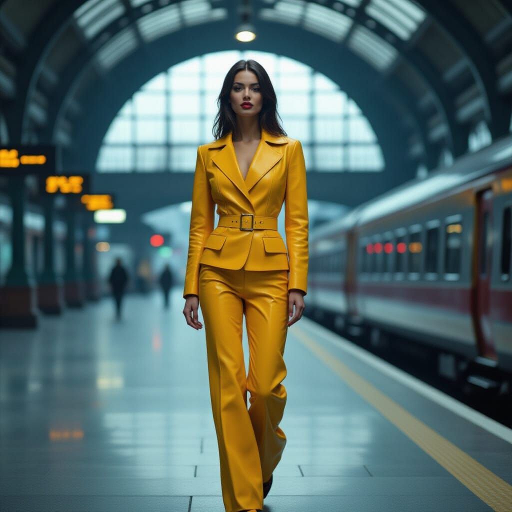 Cinematic Film Still: Woman in Yellow Leather Outfit