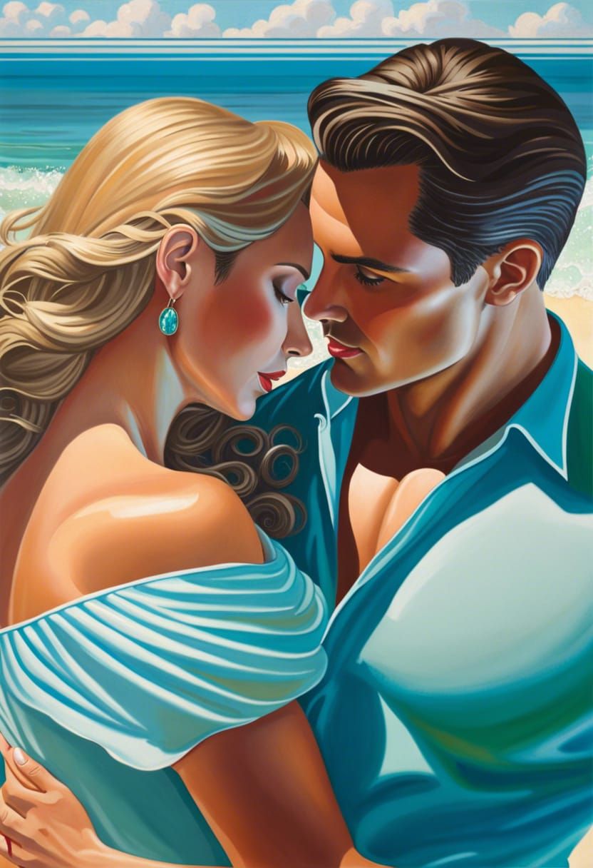 Romance novel clinch cover man and woman at the beach in bathing suits