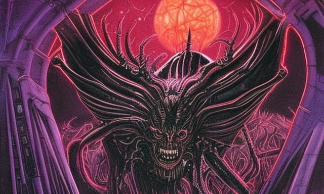 Demonic Alien Vampire with Fangs in Neon Sci-Fi