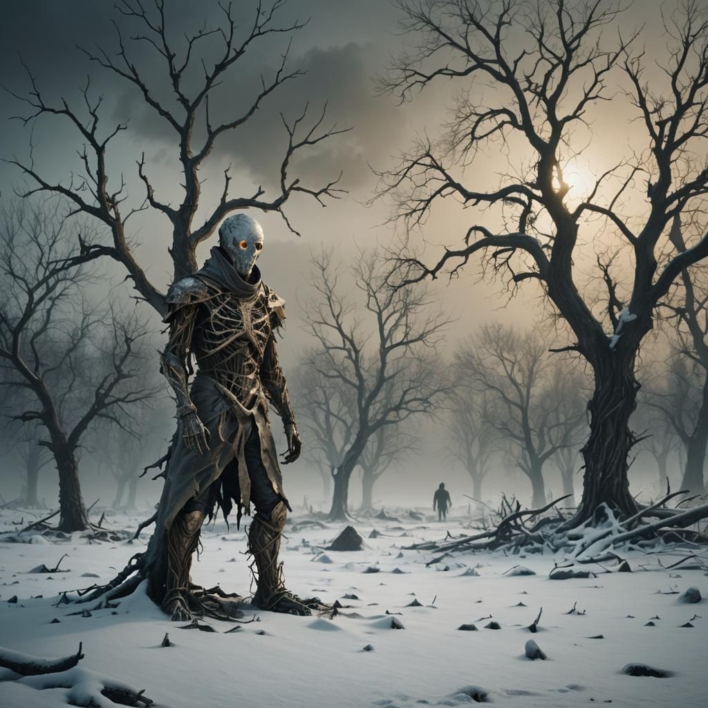 Bleak Winter Survivor in Dark Fantasy Landscape