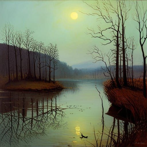 Luminist Landscape Reflected in Lake, Impasto Style