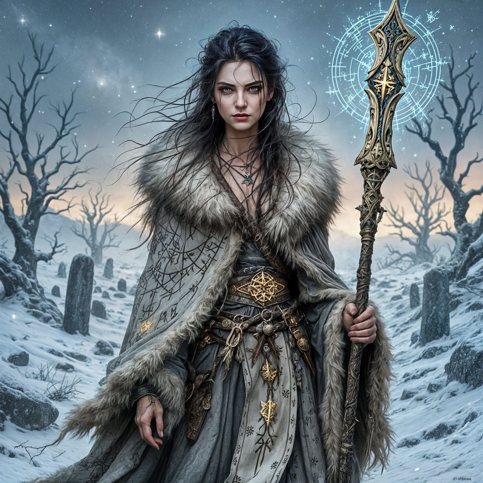 Norse Sorceress in Folkloric Winter Landscape