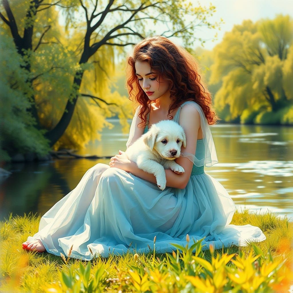 Ethereal Watercolor Painting of Contemplative Woman with Pup...
