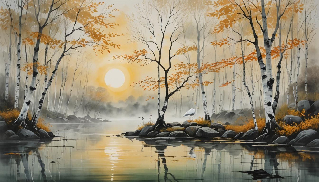 Ethereal Waterside Landscape in Japanese Ink Painting Style