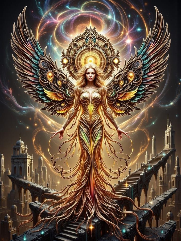 Goddess with Rainbow Wings in Retro-Futuristic City