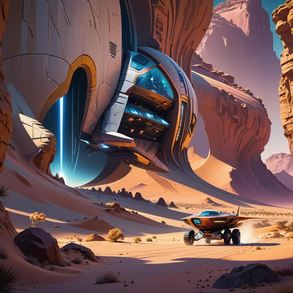 Retro Spaceship Flies Past Desert Mirage