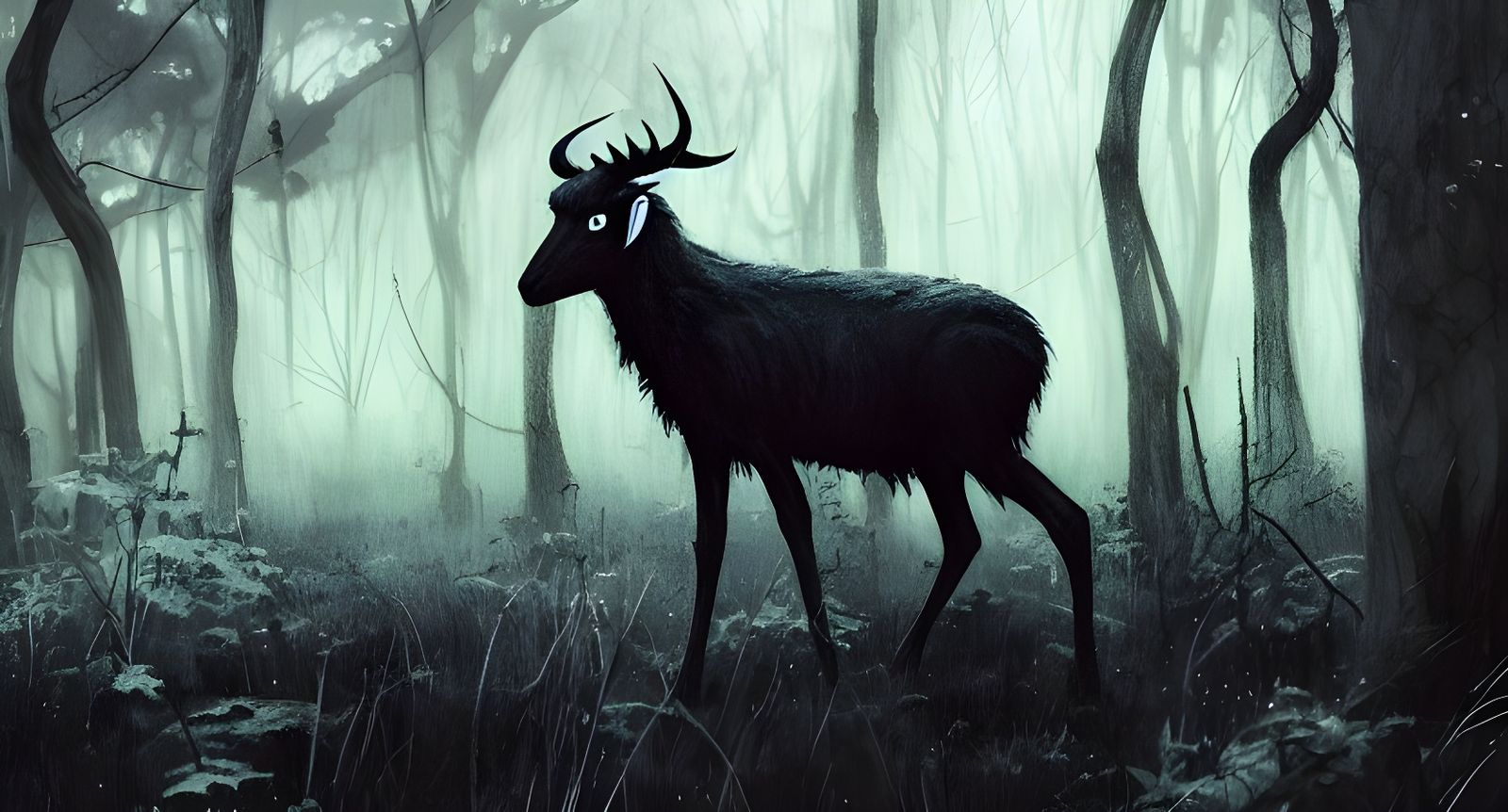 Sinister Black Phillip Illustration in Dark Forest