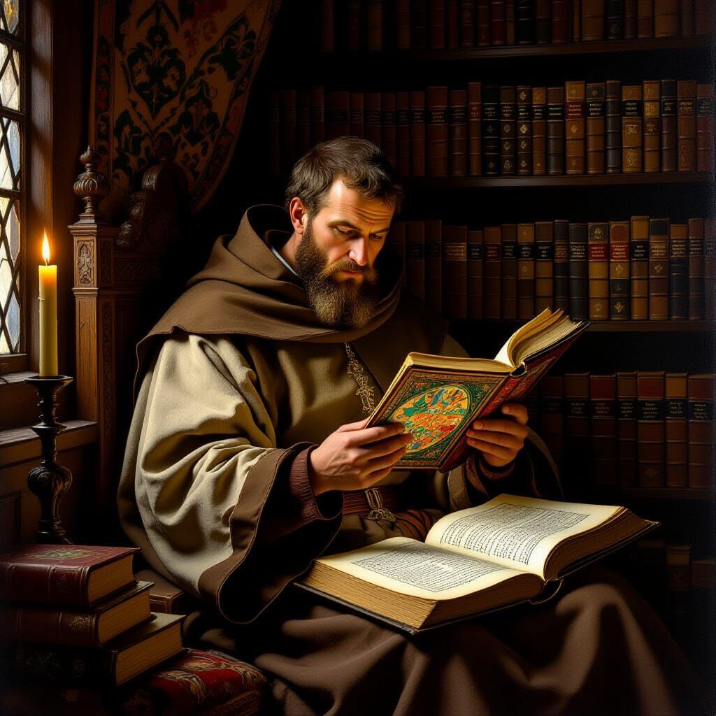 17th Century Monk Reading Illuminated Manuscript