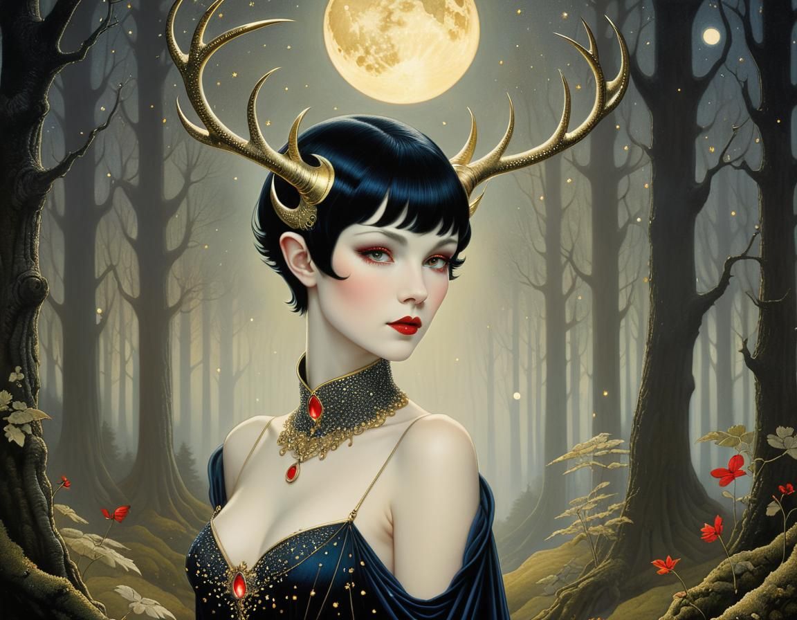 Moonlit Woman with Antlers in Jewel Tones