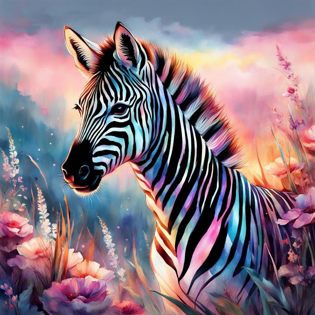 Pastel Zebra Fox Chibi Watercolor Sunset