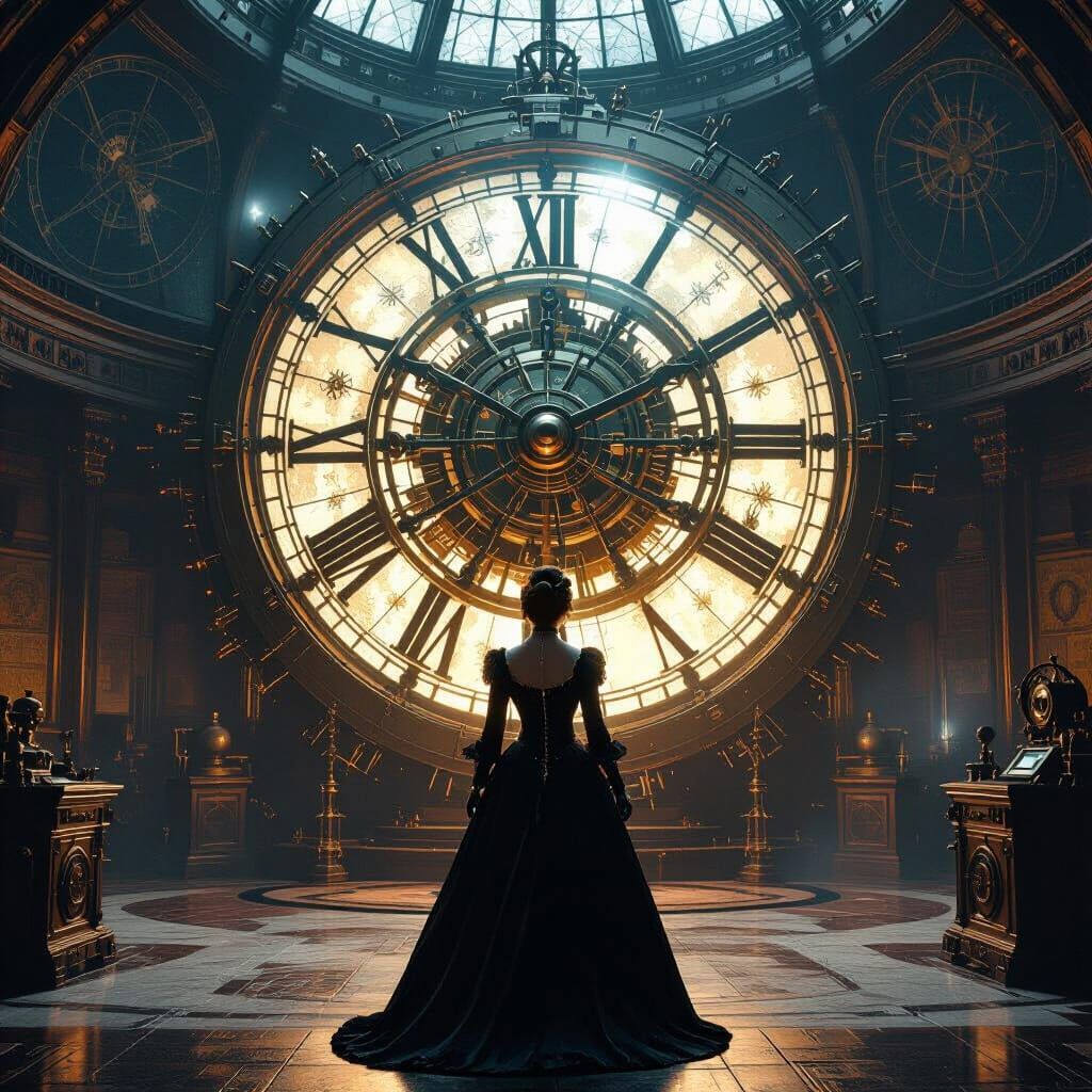 Victorian Woman and Clockwork Device in Steampunk Style