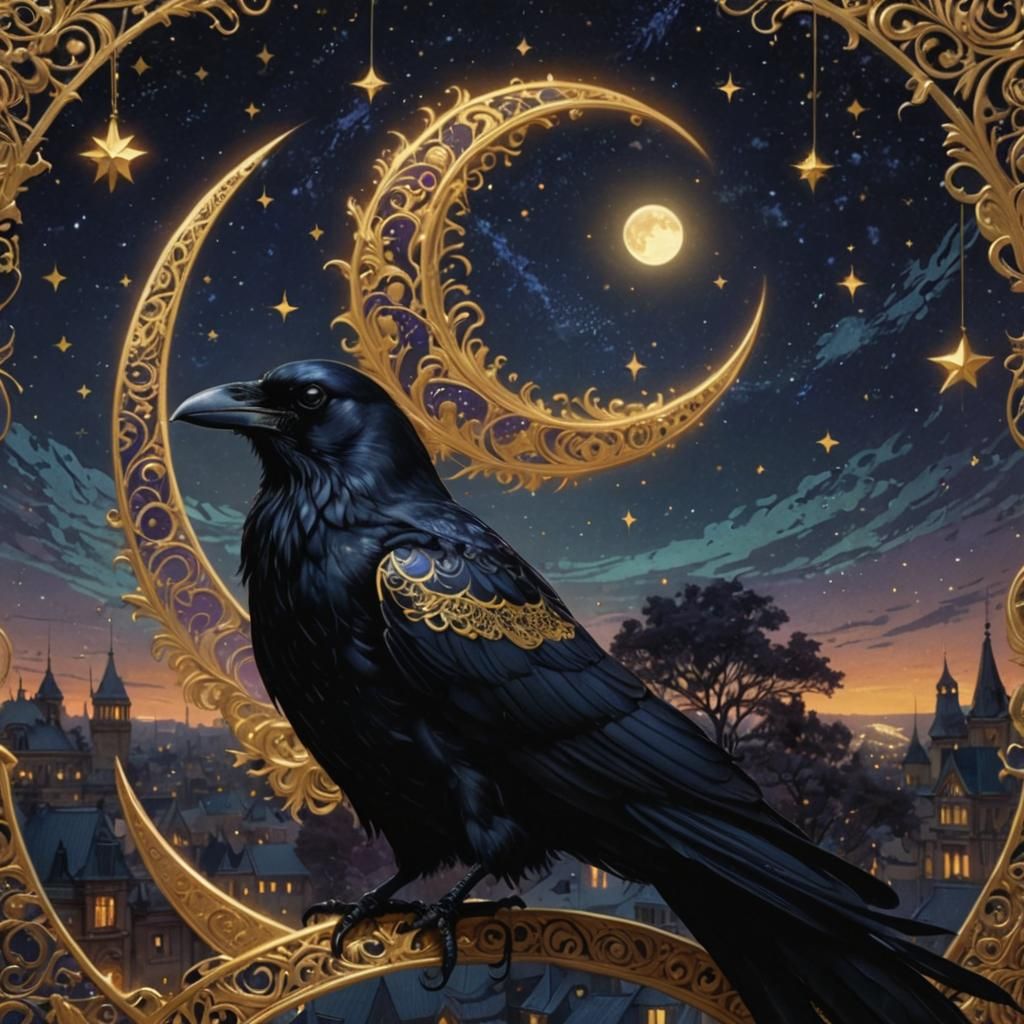 Golden Crow in Starry Night Sky, Art Nouveau Style
