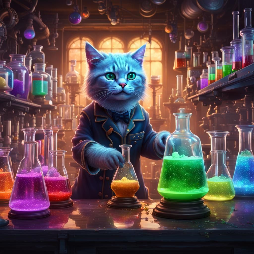 Sparkling Kitten Scientist in Fantasy Lab, Digital Art